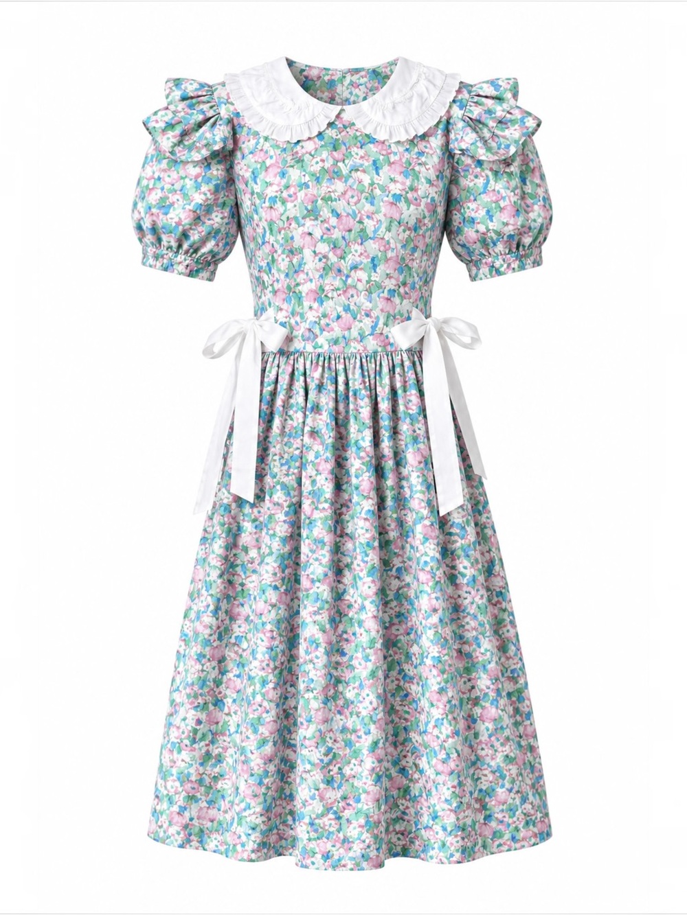 MOUSEFEATHERS Floral Puff-Sleeve Dress with White Peter Pan Collar